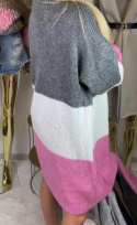 Sweter kardigan w pasy pastelowe RÓŻ - SZARY