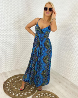 Sukienka Maxi na ramiączkach w geometryczne wzory niebieska