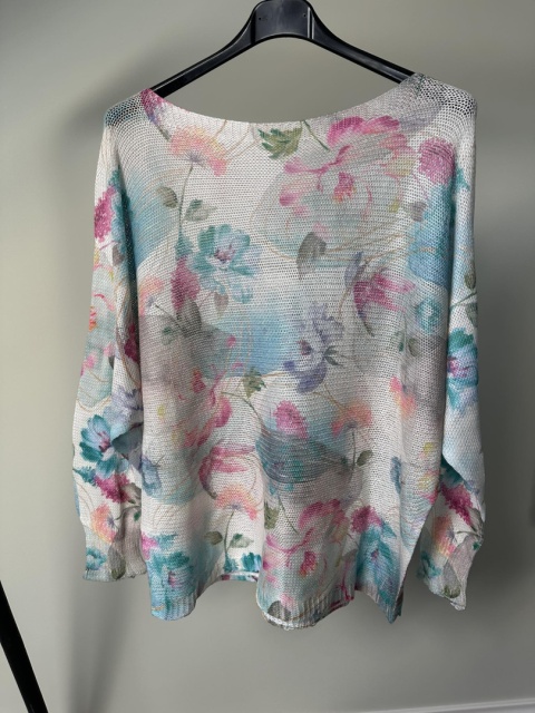 Sweter lekki ażurowy - nicianka kwiaty miętowe