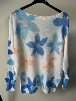 Sweter lekki ażurowy - nicianka w kwiaty niebieskie