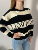 Sweter oversize w biało-czarne pasy z napisem "Rock 'n' Roll" 1225