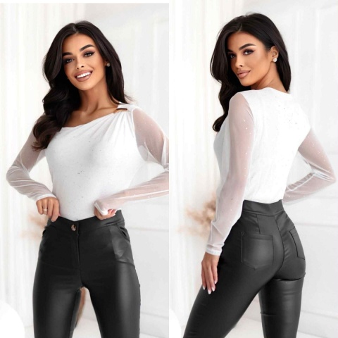 Bluzka biała z połyskiem i tiulowymi rękawami 1555