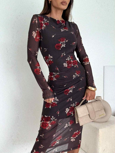 Sukienka midi z siateczkowego materiału w róże 1575