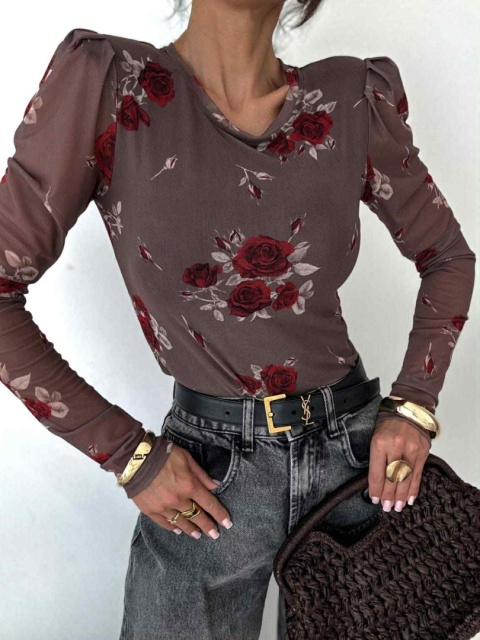 Bluzka z siateczki w czerwone róże z poduszkami na ramionach 1584