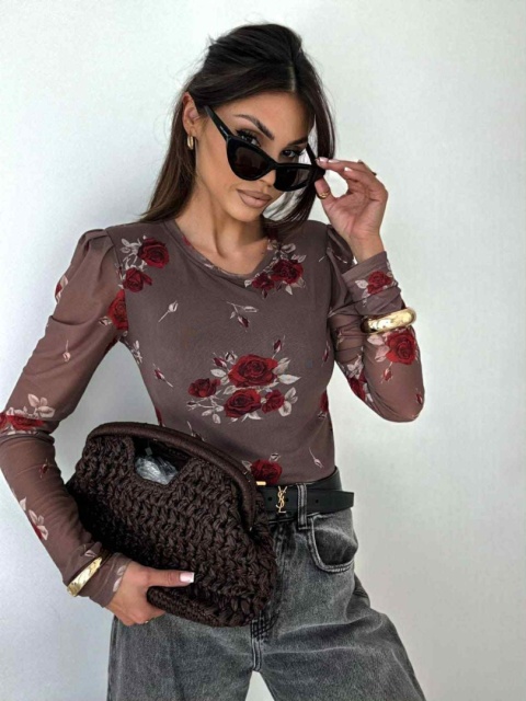 Bluzka z siateczki w czerwone róże z poduszkami na ramionach 1584