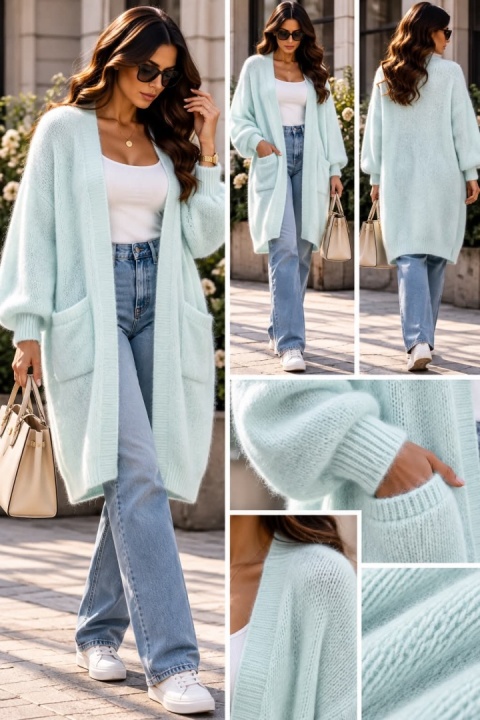 Długi kardigan damski – pastelowy błękit 1721