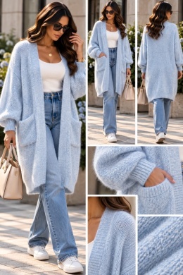 Długi kardigan damski – baby blue 1722