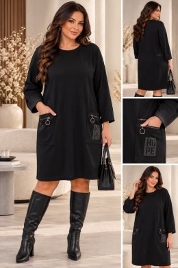 Sukienka plus size z ozdobnymi kieszeniami – czarna 1770
