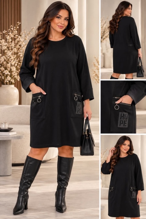 Sukienka plus size z ozdobnymi kieszeniami – czarna 1770