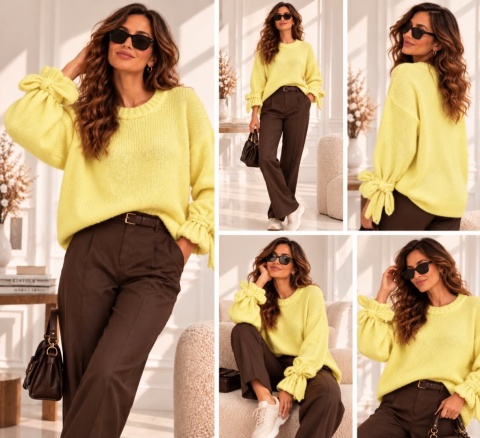 Sweter damski COZY z kokardami – pastelowy żółty 1748