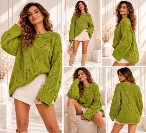 Sweter damski z ozdobnym splotem – limonkowa zieleń 1751