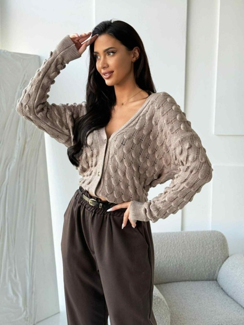 Sweter mocca z ozdobnym splotem 3D i guzikami 1568
