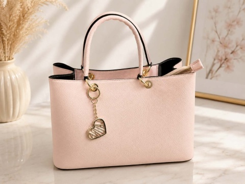Torebka shopper pudrowy róż z ozdobnym sercem 1645
