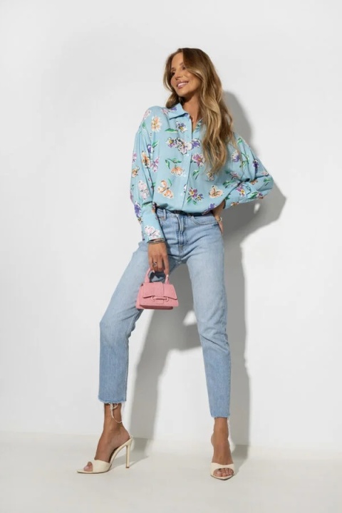 koszula Roomy – print kwiat niebieski-fiolet-pomarańcz 1611